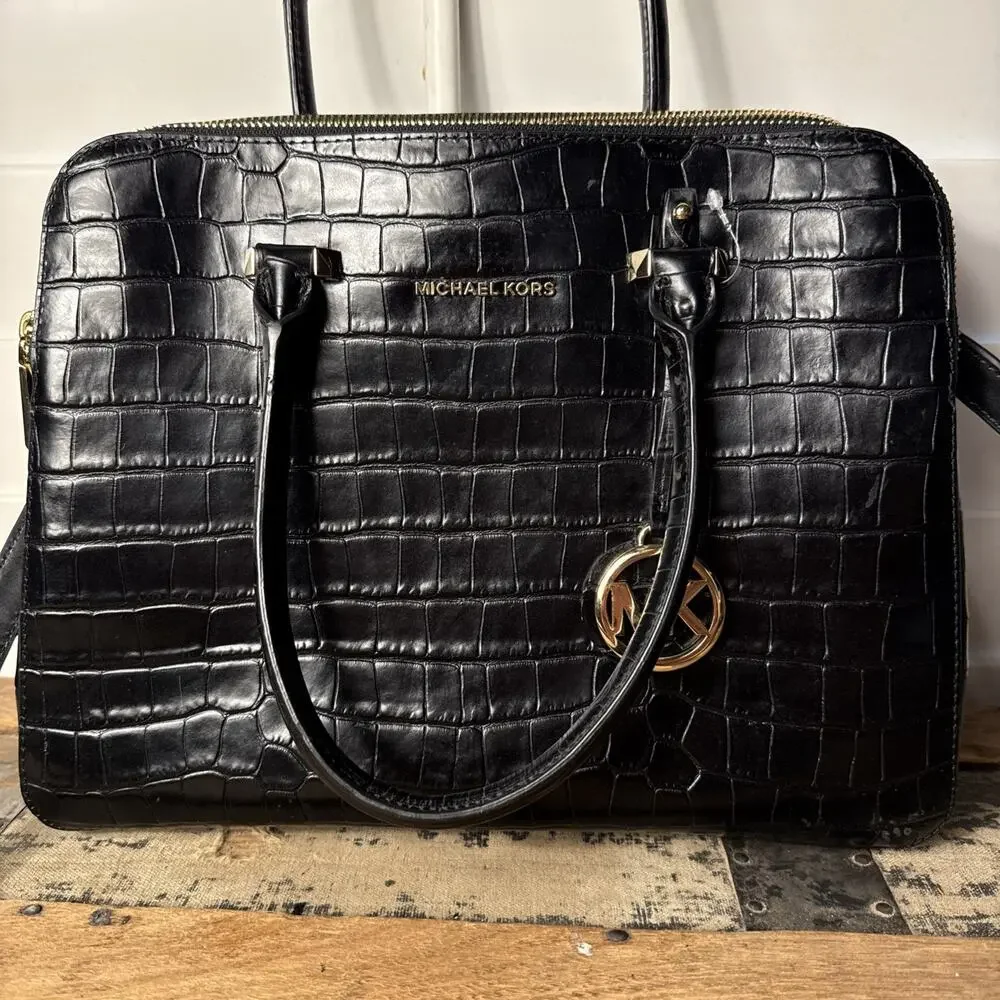 Michael Kors Houston Croc Embossed Double Zip Black Leather Satchel